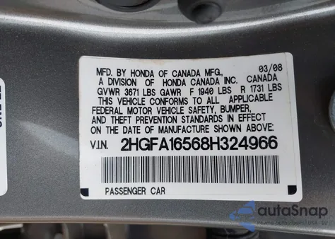 2008 Honda Civic Lx z USA, uszkodzony, nr VIN 2HGFA16568H324966